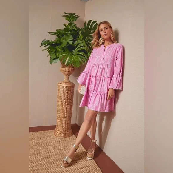 Juliet Dunn Orchid Small Flower Lurex Flared Sleeve Dress